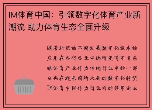 IM体育中国：引领数字化体育产业新潮流 助力体育生态全面升级